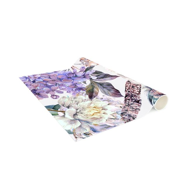 tapis modernes Motif floral délicat de plumes à l'aquarelle boho