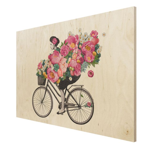 Tableaux en bois avec fleurs Illustration Femme à Bicyclette Collage Fleurs Colorées