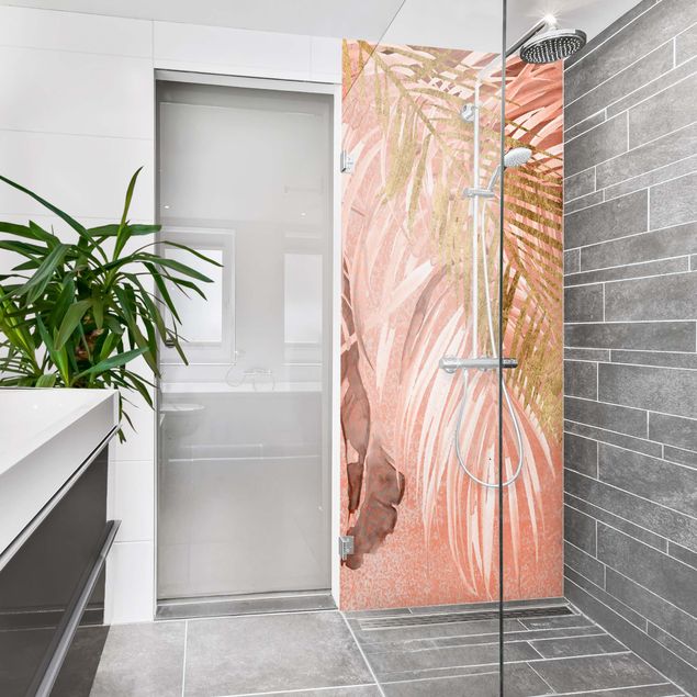 Panneau mural douche Feuilles de palmier en rose et or II