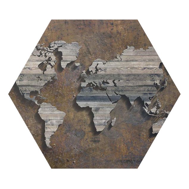 Tableau marron moderne Carte du monde avec grille en bois