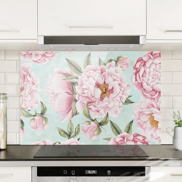 Déco murale cuisine Fleurs roses sur vert menthe à l'aquarelle