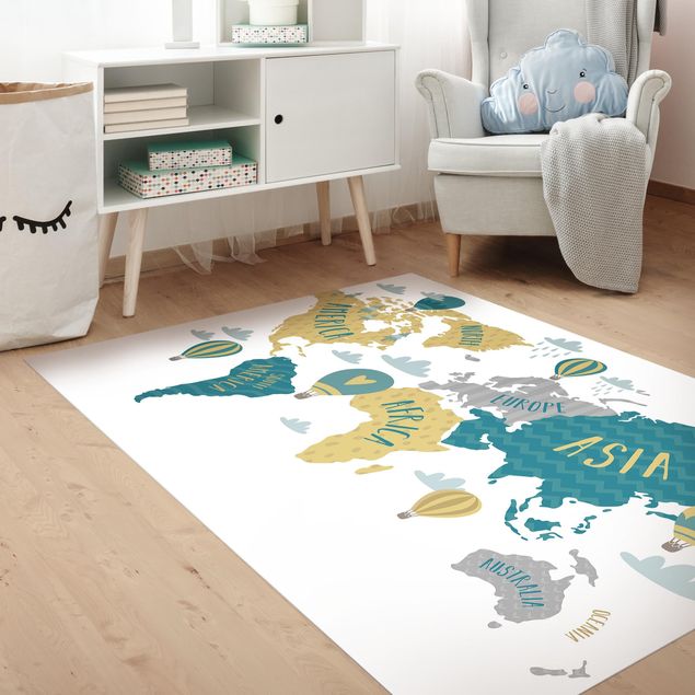 tapis terrasse World Map with Hot-Air Balloon