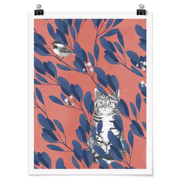 Tableaux animaux Illustration Chat et Oiseau sur une Branche Bleu Rouge