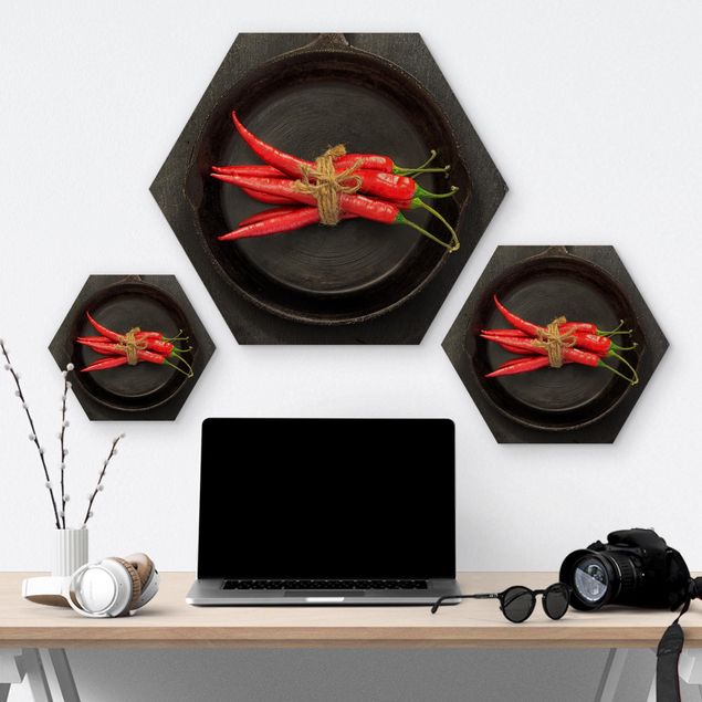 Hexagon Picture Wood - Red Chili Bundles In Pan On Slate