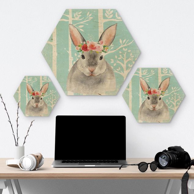 Hexagon Picture Wood - Watercolor Rabbit Turquoise