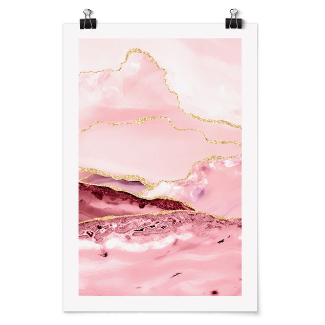 Tableau art abstrait Montagnes abstraites roses avec lignes dorées