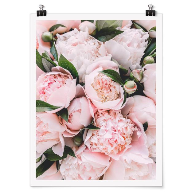 Tableau romantique amour Pivoines roses avec feuilles