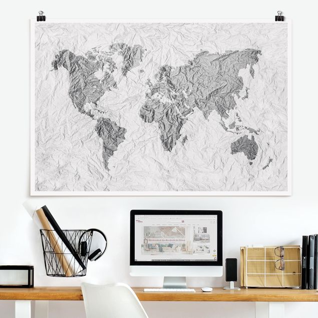 Déco murale cuisine Carte du Monde en Papier Blanc Gris