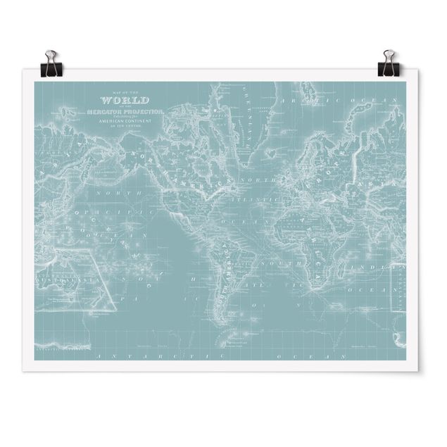 Posters mappemonde Carte du monde en bleu glacier