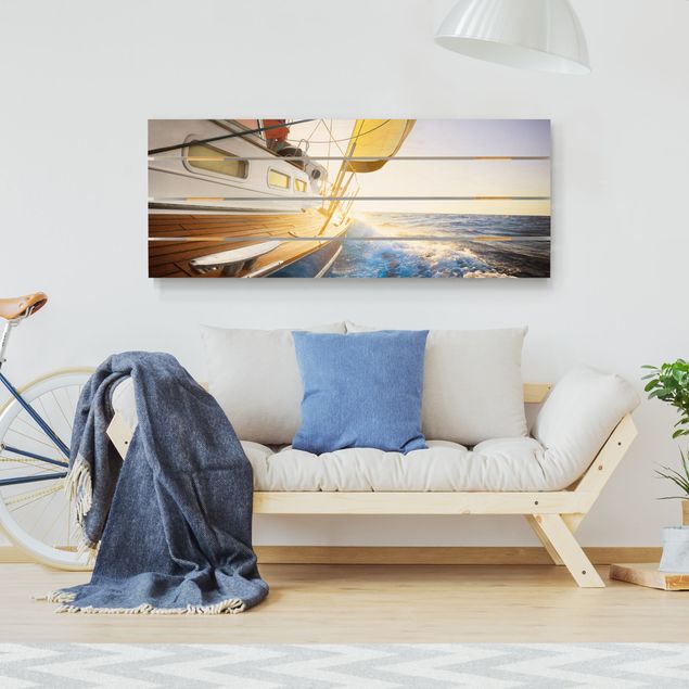 Tableaux en bois avec paysage Bateau à voiles sur l'océan bleu ensoleillé