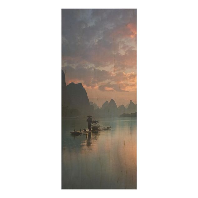 Tableaux en bois avec paysage Lever de soleil sur la rivière chinoise