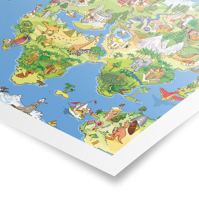 Tableau deco bleu Grande et drôle carte du monde