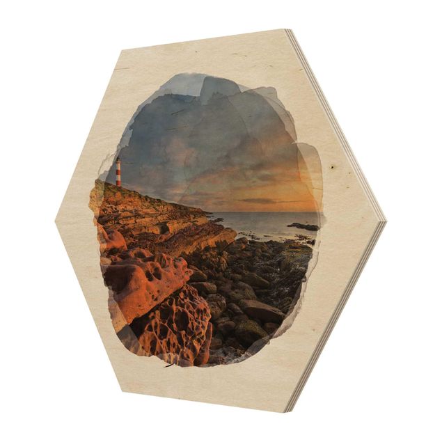 Impression sur bois Aquarelles - Mer et phare de Tarbat Ness au coucher du soleil