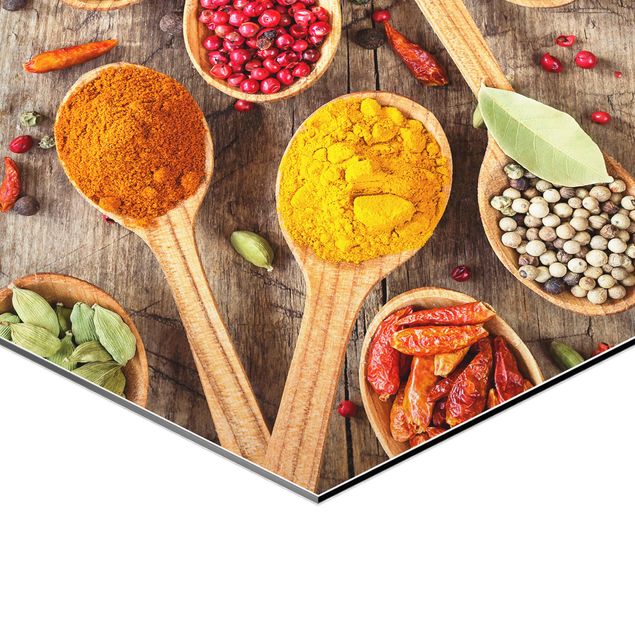 Hexagone en alu Dibond - Spices On Wooden Spoon