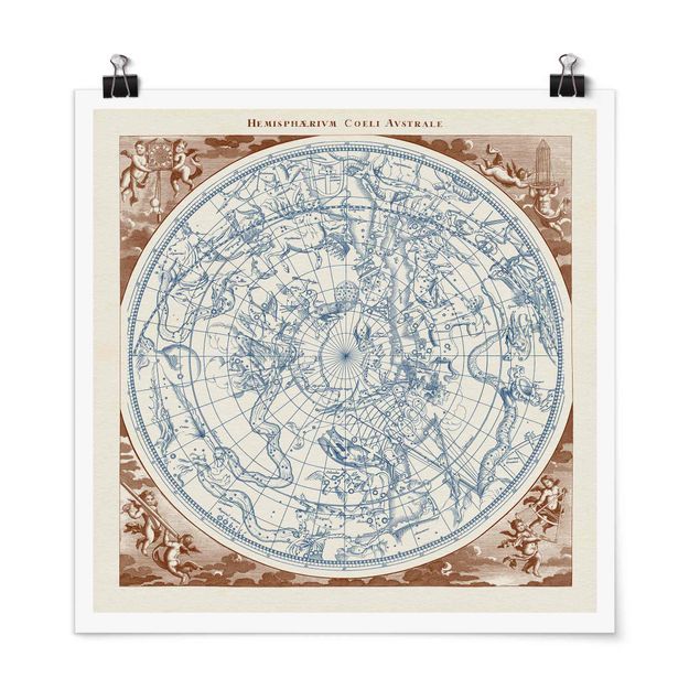 Poster carte du monde Carte des étoiles vintage de l'hémisphère Sud