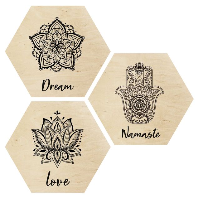 Impression sur bois Mandala Namaste Lotus Set Noir Blanc