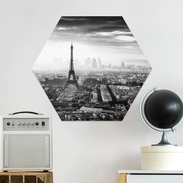 Tableaux Paris La Tour Eiffel vue du ciel en noir et blanc