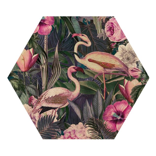 tableaux floraux Collage coloré - Flamants roses dans la jungle