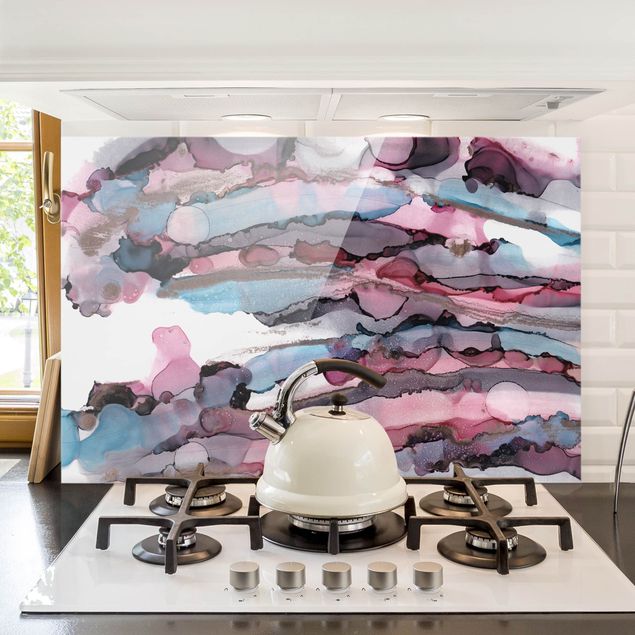 Déco murale cuisine Vagues de surf en violet avec rose et or