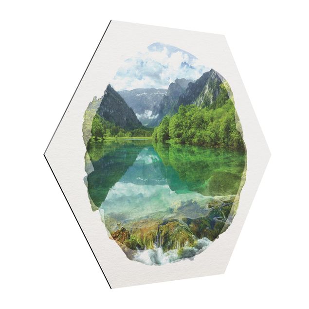 Tableaux modernes Aquarelles - Lac de montagne avec reflet d'eau