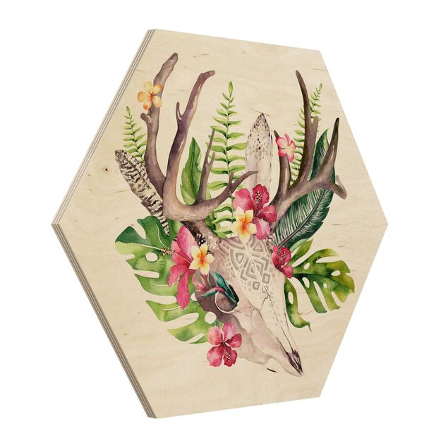 Tableaux en bois Crâne de fleur tropicale II