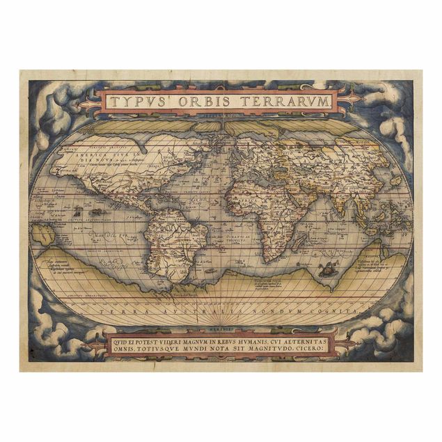 Tableau vintage bois Carte historique du monde Typus Orbis Terrarum