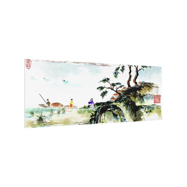 Fond de hotte - Japanese Watercolor Drawing Lake And Mountains