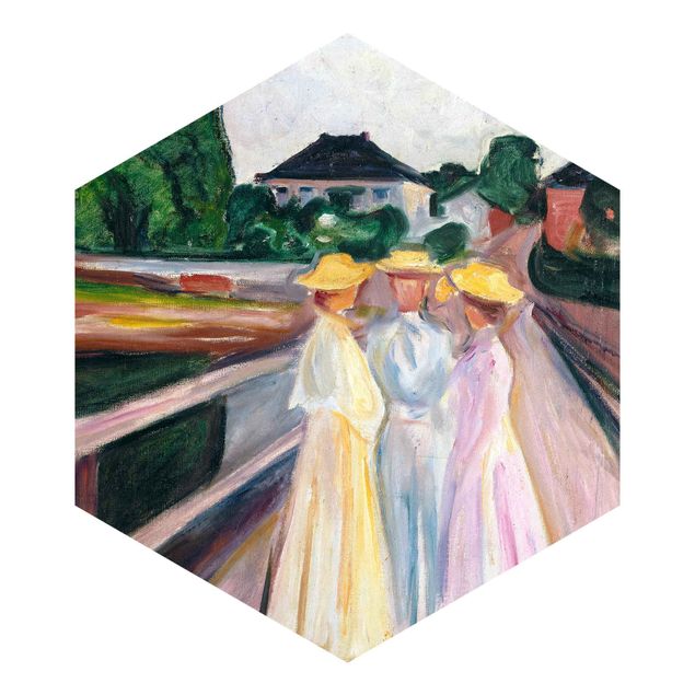 Papiers peintspanoramique hexagonal Edvard Munch - Trois filles sur le pont