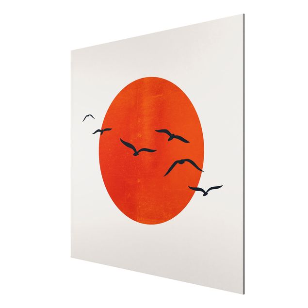 Tableau moderne Volée d'oiseaux devant le soleil rouge I