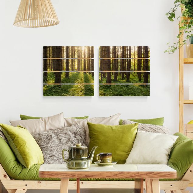 Tableaux en bois avec paysage Rayons de soleil dans une forêt verte