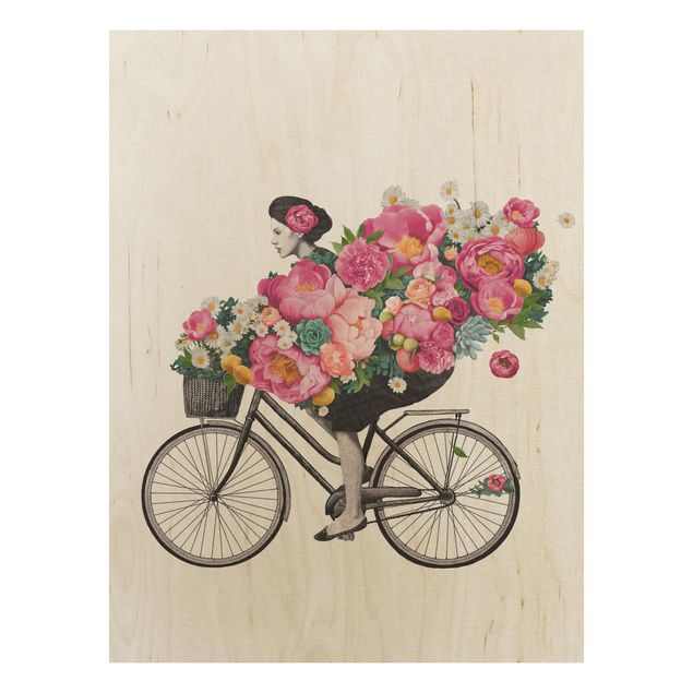 Tableaux de Laura Graves Illustration Femme à Bicyclette Collage Fleurs Colorées