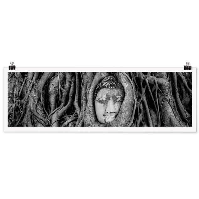Tableau moderne Bouddha d'Ayutthaya doublé de racines d'arbres en noir et blanc