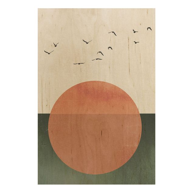 Tableaux en bois avec paysage Volée d'oiseaux devant le soleil levant