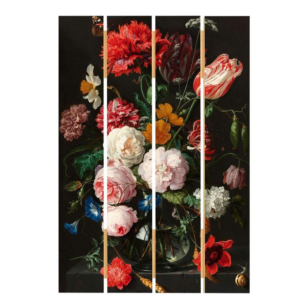 Tableau vintage bois Jan Davidsz De Heem - Nature morte avec des fleurs dans un vase en verre