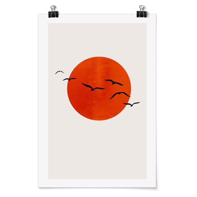 Tableaux animaux Volée d'oiseaux devant le soleil rouge I