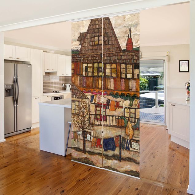 Déco mur cuisine Egon Schiele - Maison avec linge en train de sécher