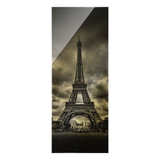 Tableau moderne Tour Eiffel devant des nuages en noir et blanc