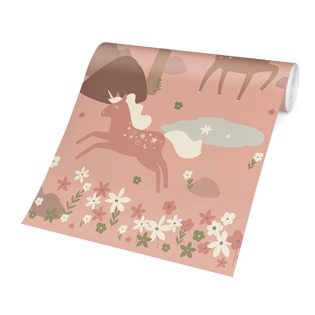 Tapisserie animaux Licornes dans la forêt rose
