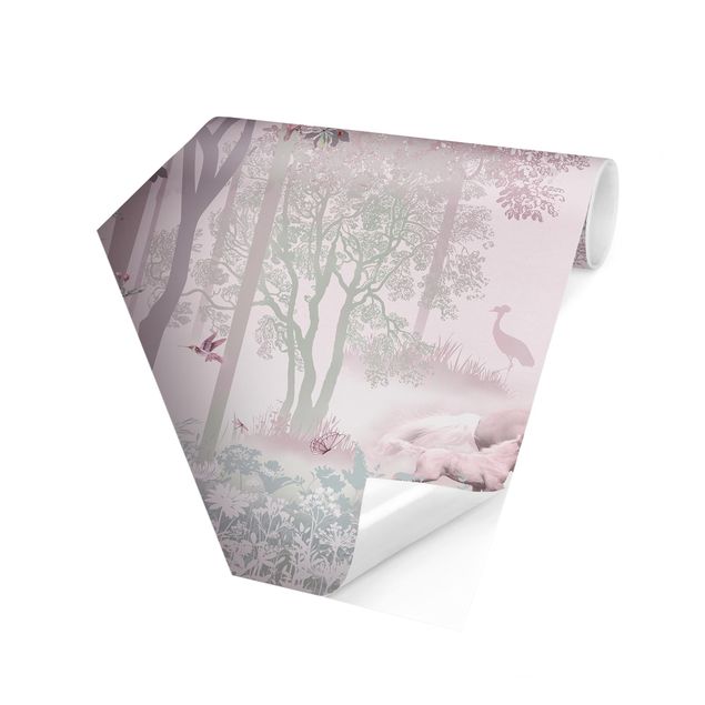 Papier peint animaux Unicorn On Flowering Meadow In Pink