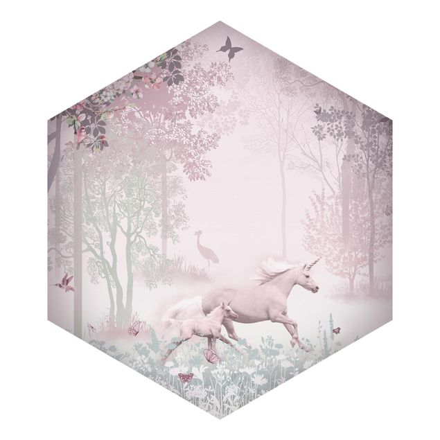 Papier peint rose Unicorn On Flowering Meadow In Pink
