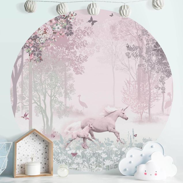 Papiers peints papillon Unicorn On Flowering Meadow In Pink