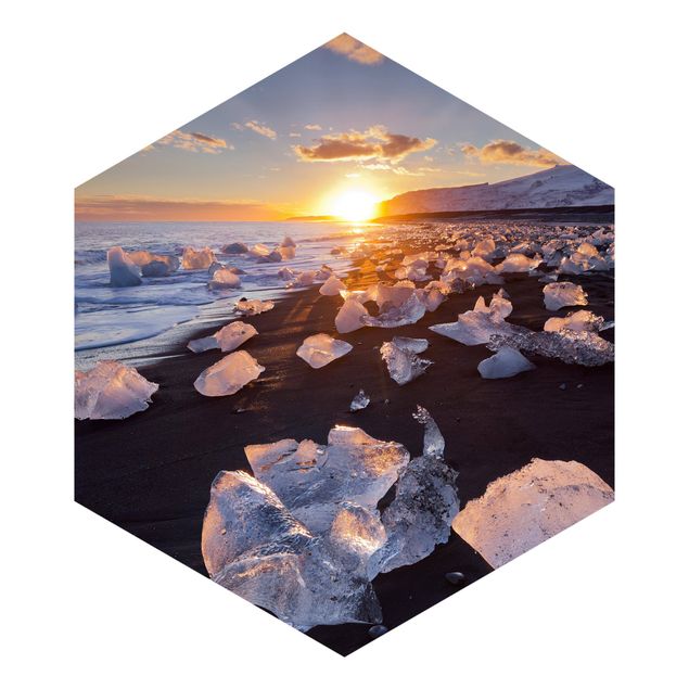 Tapisserie beige Morceaux de glace sur la plage en Islande