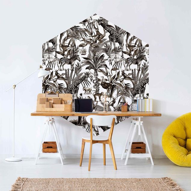 Papier peint zèbre Eléphants Girafes Zèbres et Tigres en noir et blanc avec des tons bruns