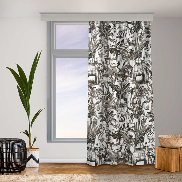 rideaux sur mesure Elephants Giraffes Zebras And Tiger Black And White With Brown Tone