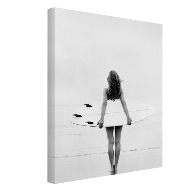 Tableaux sur toile en noir et blanc Chill Surfer Girl With Board