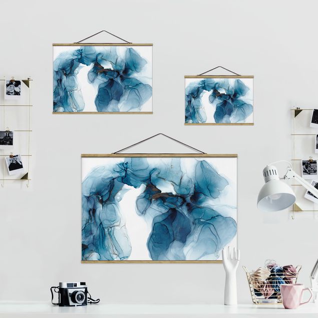 Tableau en tissu avec porte-affiche - Evolution Blue And Gold - Format paysage 3:2