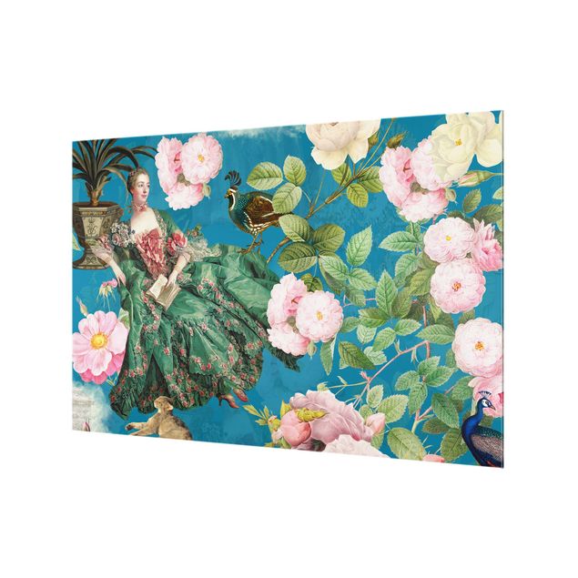 Tableaux de Uta Naumann Robe opulente dans un jardin de roses, sur fond bleu
