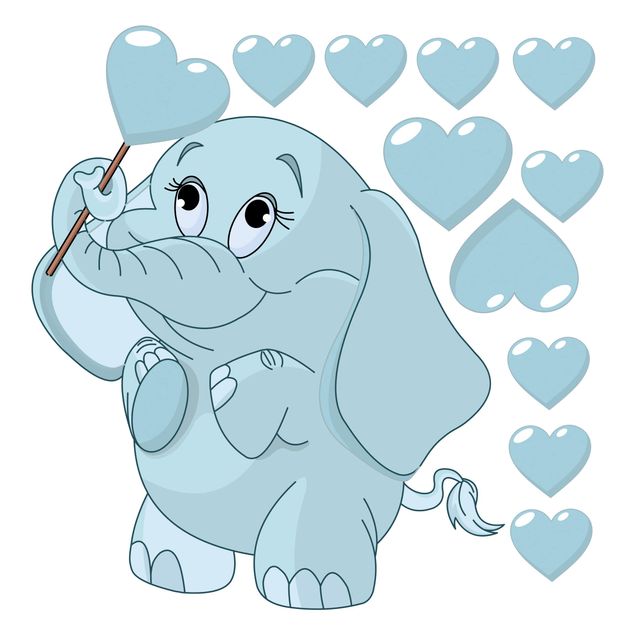 Sticker mural cœur Bébé Eléphant avec Des cœurs Bleus