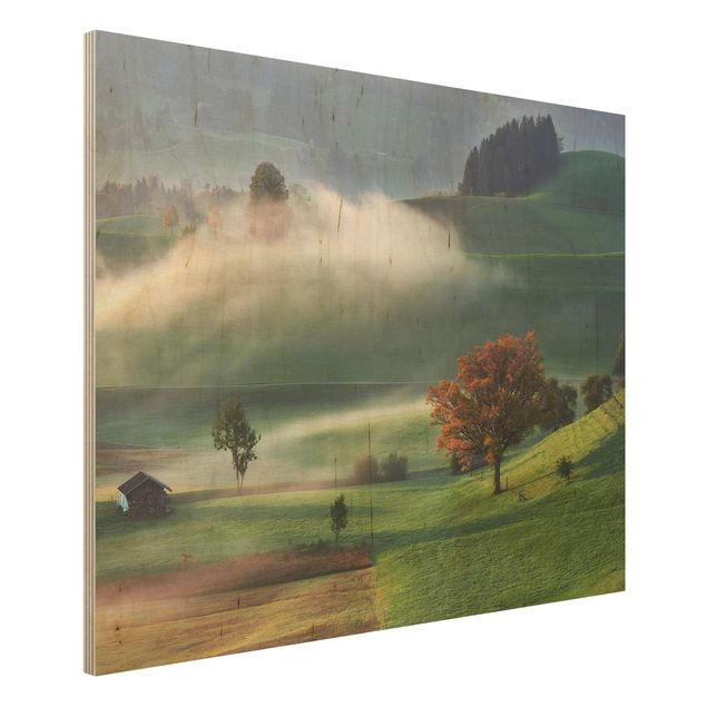 Tableaux en bois avec paysage Journée brumeuse d'automne en Suisse