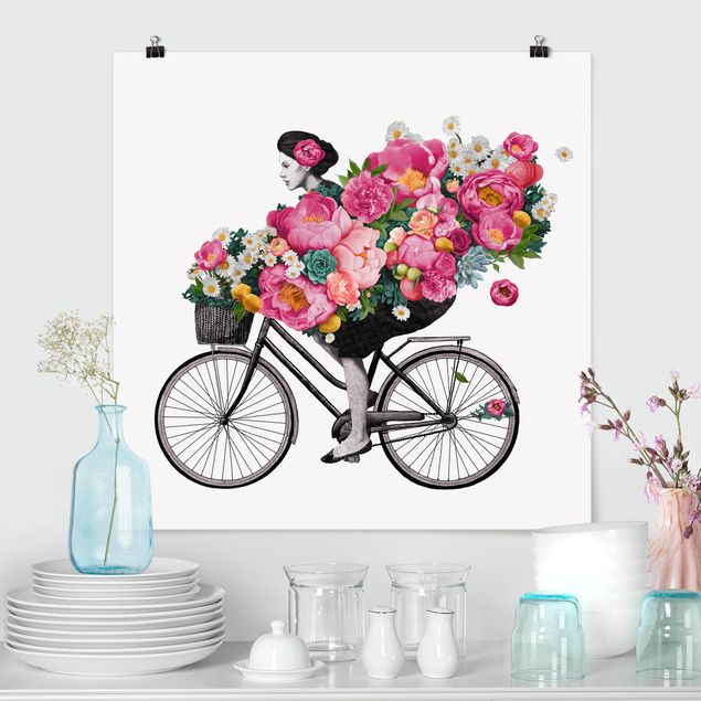 Tableaux moderne Illustration Femme à Bicyclette Collage Fleurs Colorées